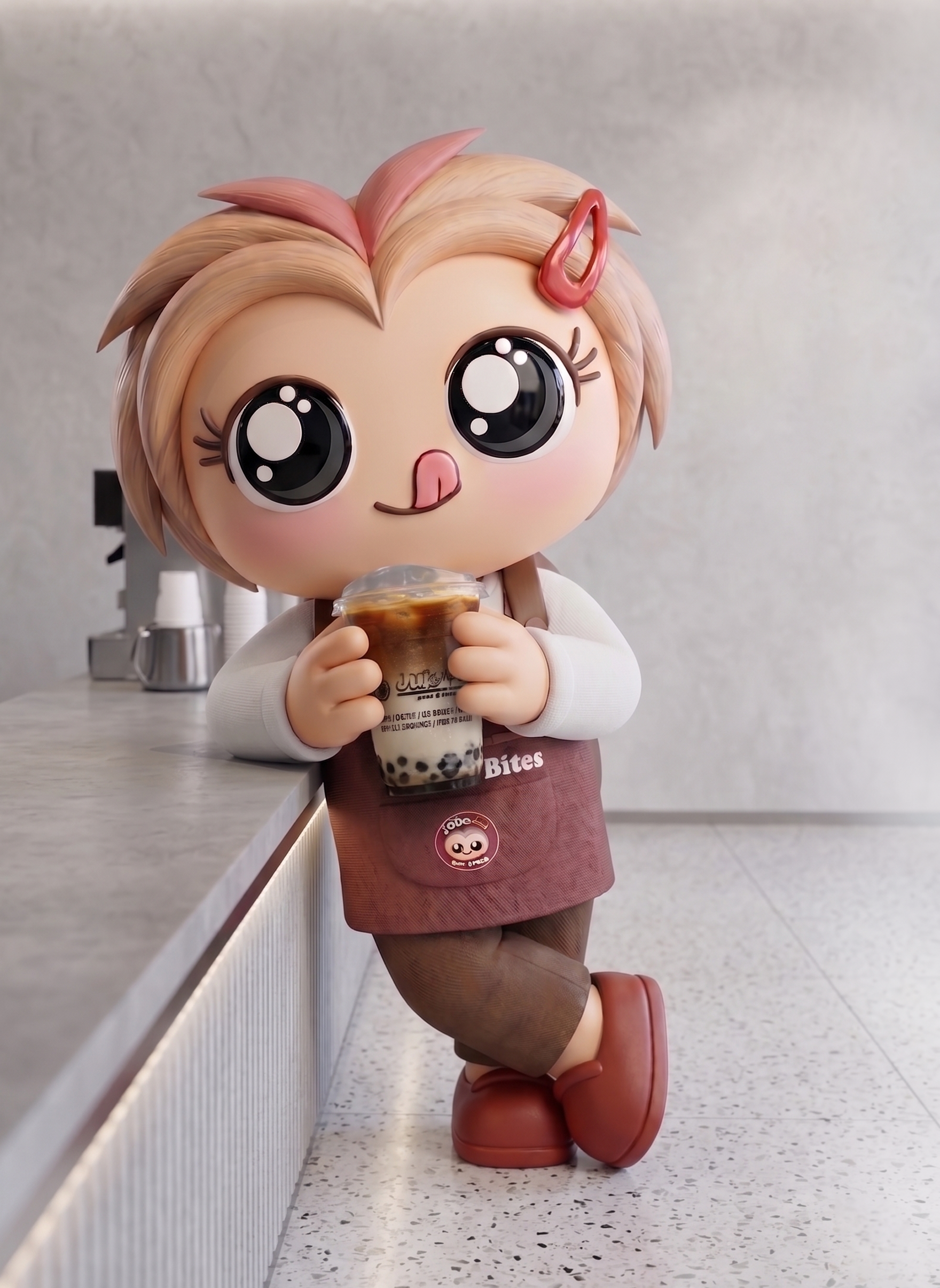 Juja mascot holding milk tea